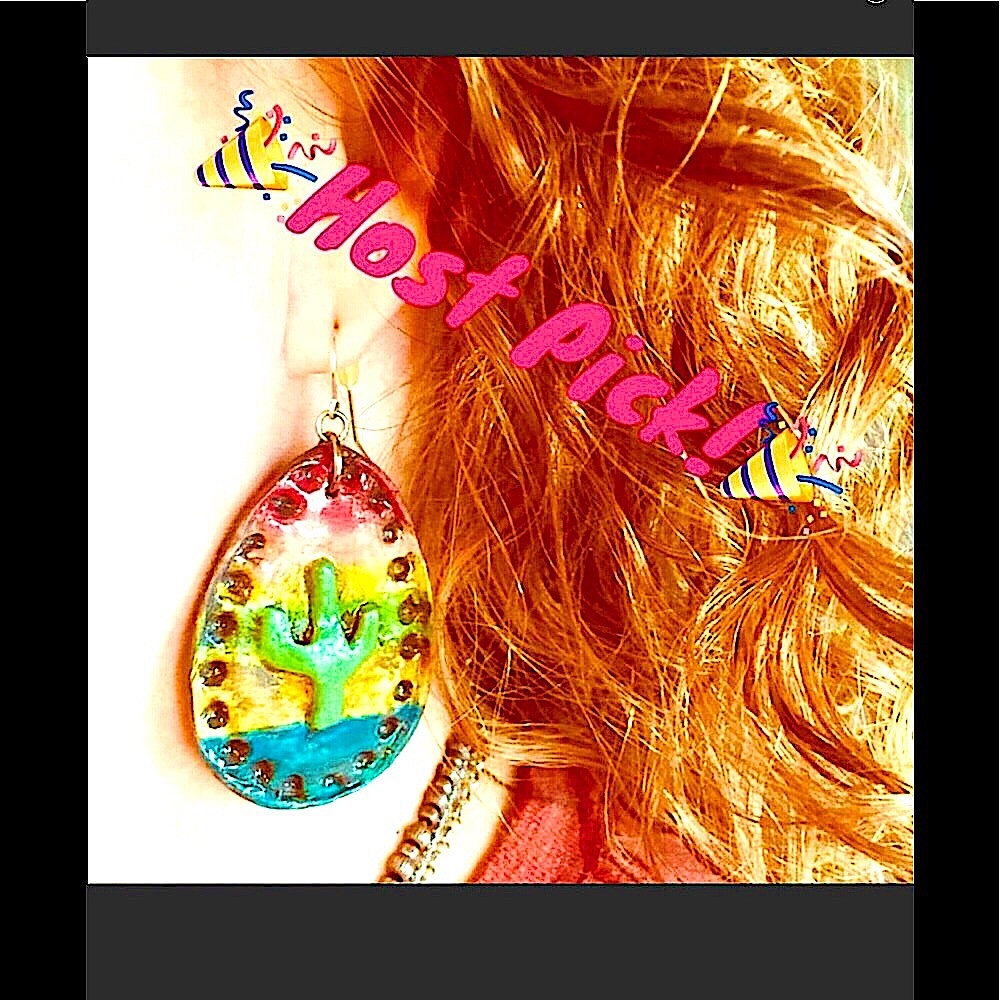 RESERVED💖CACTUS SUNSET EARRINGS ARTISAN MADE OOAK HANDMADE NEW   2 1/4”